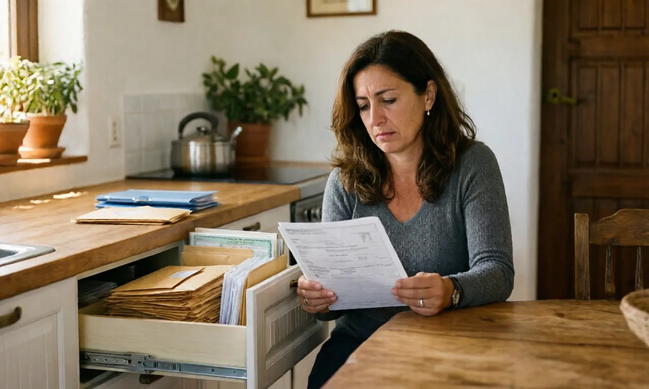 Una mujer en la cocina revisa un papel junto a un cajón lleno de sobres y pólizas